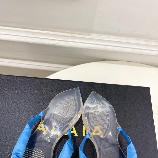ALAIA 26S THONG SANDALS IN BLUE SATIN AND TRANSPARENT PVC