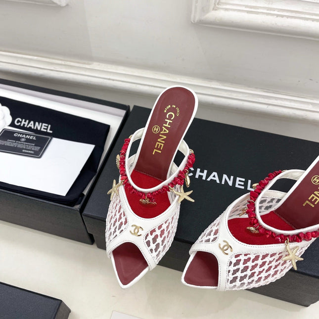 CHANEL 26S STARFISH EMBELLISHED MULE IN WHITE RED LEATHER & MESH