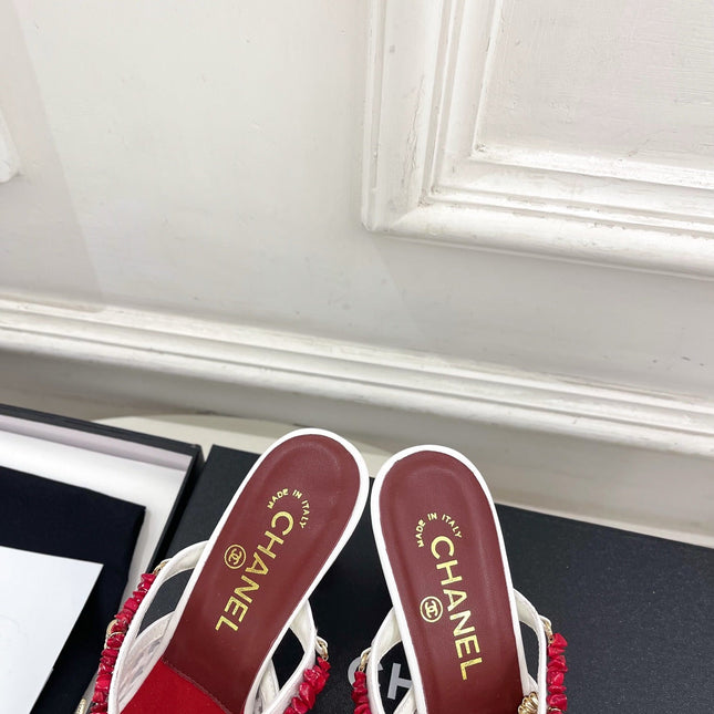 CHANEL 26S STARFISH EMBELLISHED MULE IN WHITE RED LEATHER & MESH