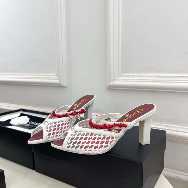 CHANEL 26S STARFISH EMBELLISHED MULE IN WHITE RED LEATHER & MESH