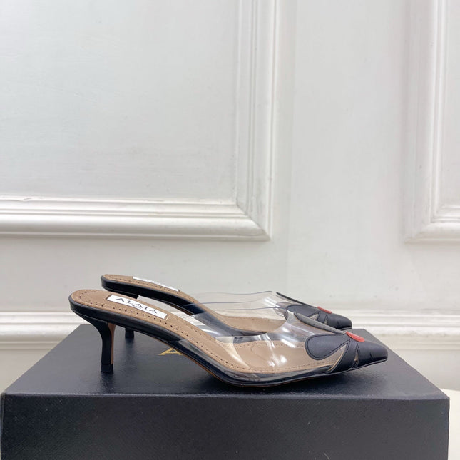 ALAIA 26S MULE HEELS 55 MM IN BLACK LAMBSKIN AND TRANSPARENT PVC