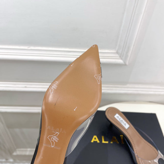ALAIA 26S MULE HEELS 55 MM IN BLACK LAMBSKIN AND TRANSPARENT PVC