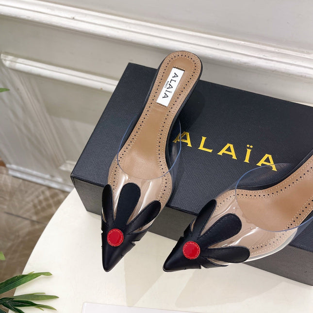 ALAIA 26S MULE HEELS 55 MM IN BLACK LAMBSKIN AND TRANSPARENT PVC