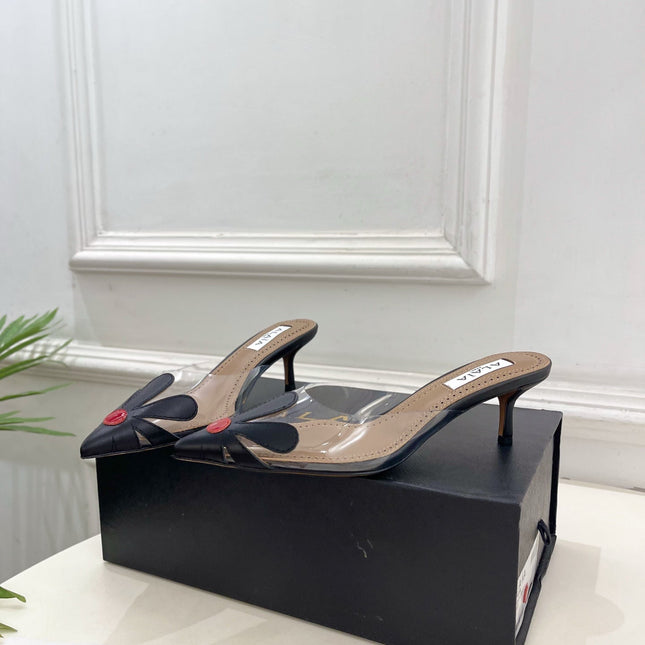 ALAIA 26S MULE HEELS 55 MM IN BLACK LAMBSKIN AND TRANSPARENT PVC