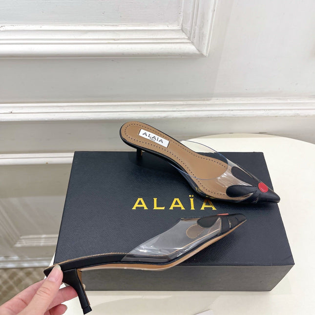 ALAIA 26S MULE HEELS 55 MM IN BLACK LAMBSKIN AND TRANSPARENT PVC