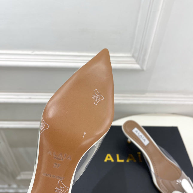 ALAIA 26S MULE HEELS 55 MM IN WHITE LAMBSKIN AND TRANSPARENT PVC