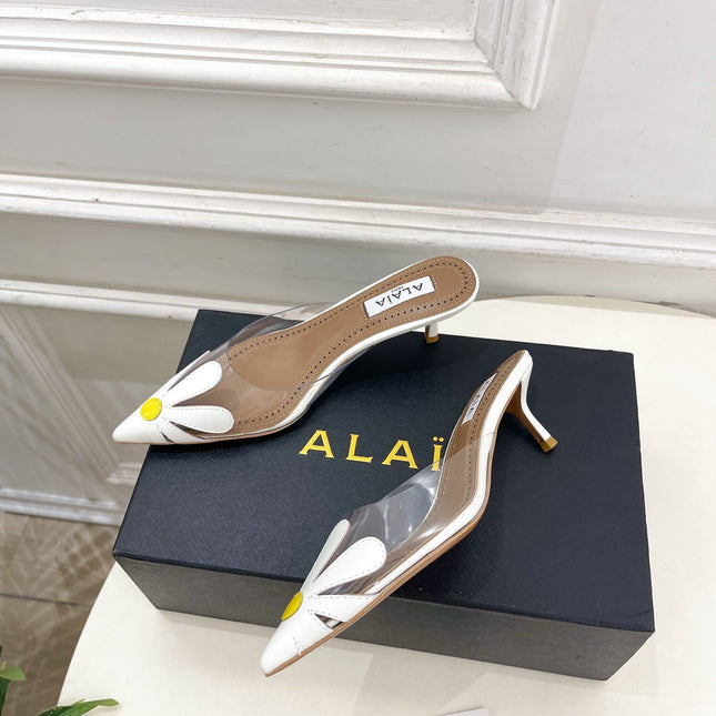 ALAIA 26S MULE HEELS 55 MM IN WHITE LAMBSKIN AND TRANSPARENT PVC