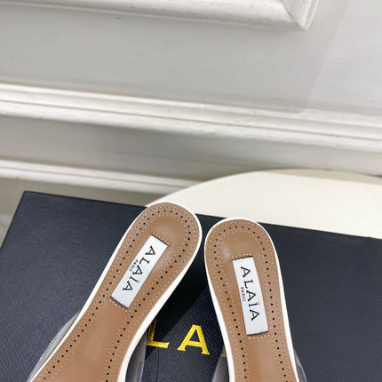 ALAIA 26S MULE HEELS 55 MM IN WHITE LAMBSKIN AND TRANSPARENT PVC