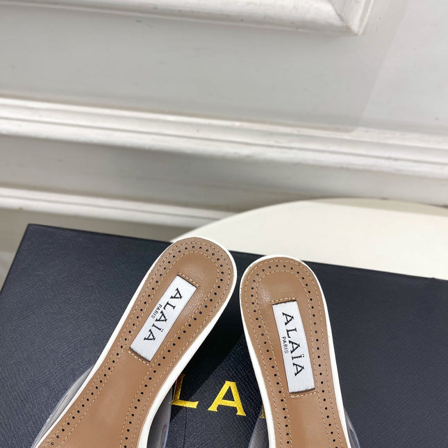 ALAIA 26S MULE HEELS 55 MM IN WHITE LAMBSKIN AND TRANSPARENT PVC