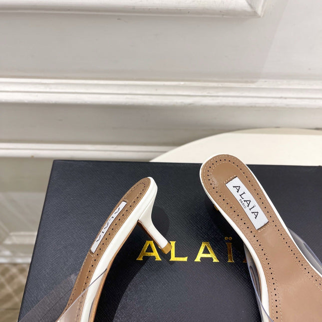 ALAIA 26S MULE HEELS 55 MM IN WHITE LAMBSKIN AND TRANSPARENT PVC