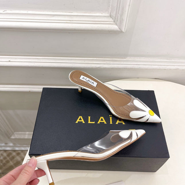 ALAIA 26S MULE HEELS 55 MM IN WHITE LAMBSKIN AND TRANSPARENT PVC