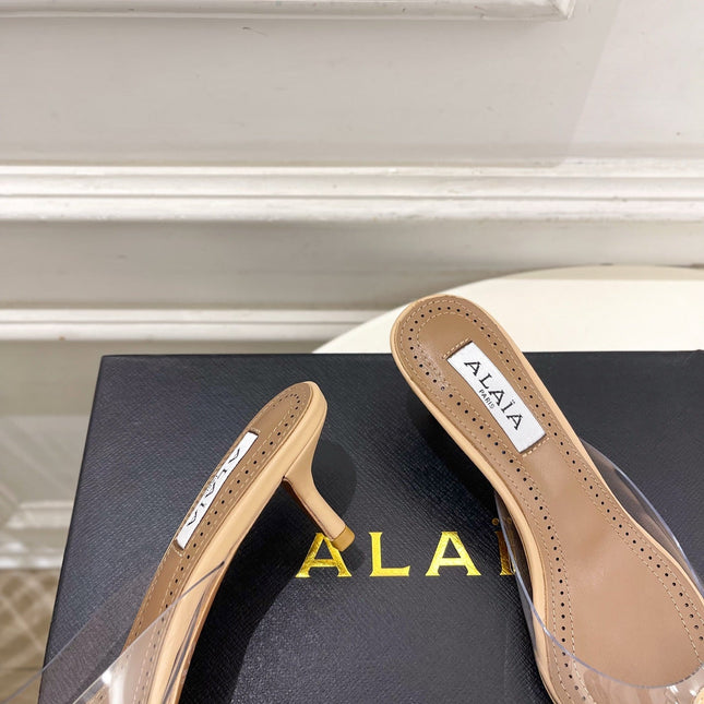 ALAIA 26S MULE HEELS 55 MM IN BEIGE LAMBSKIN AND TRANSPARENT PVC