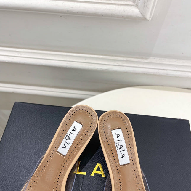 ALAIA 26S MULE HEELS 55 MM IN BEIGE LAMBSKIN AND TRANSPARENT PVC