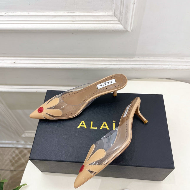 ALAIA 26S MULE HEELS 55 MM IN BEIGE LAMBSKIN AND TRANSPARENT PVC