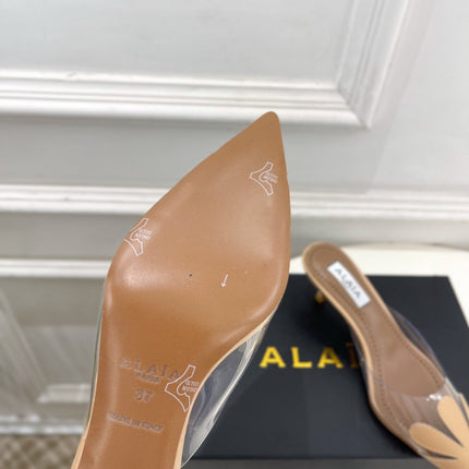 ALAIA 26S MULE HEELS 55 MM IN BEIGE LAMBSKIN AND TRANSPARENT PVC