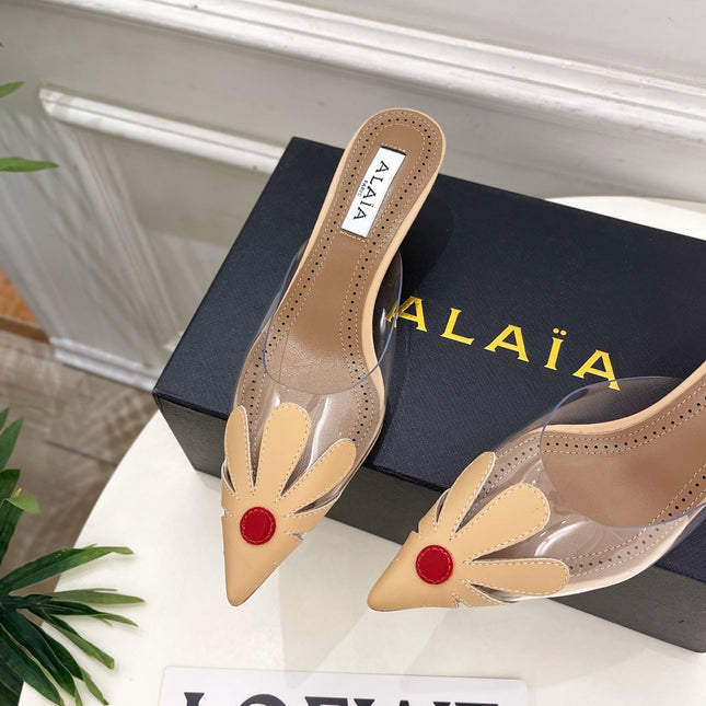 ALAIA 26S MULE HEELS 55 MM IN BEIGE LAMBSKIN AND TRANSPARENT PVC