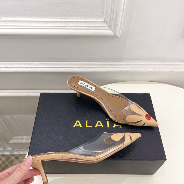 ALAIA 26S MULE HEELS 55 MM IN BEIGE LAMBSKIN AND TRANSPARENT PVC