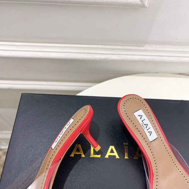 ALAIA 26S MULE HEELS 55 MM IN DARK RED LAMBSKIN AND TRANSPARENT PVC