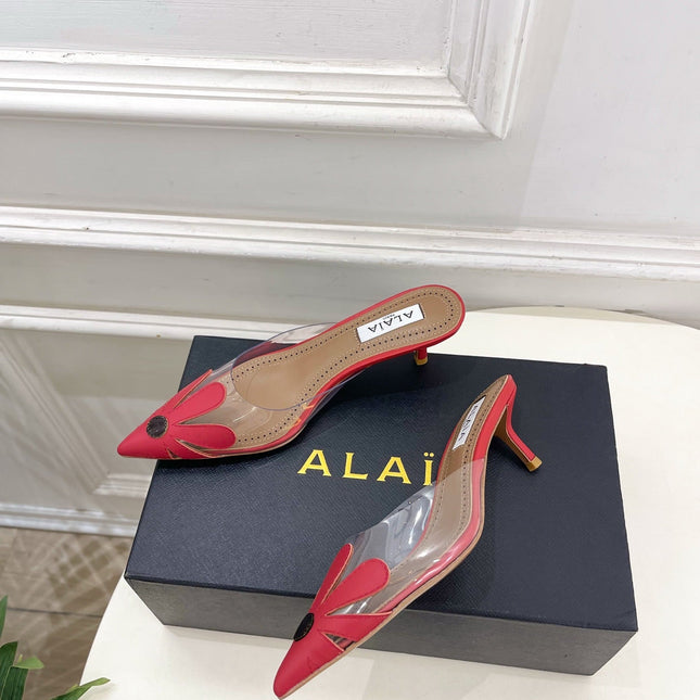 ALAIA 26S MULE HEELS 55 MM IN DARK RED LAMBSKIN AND TRANSPARENT PVC