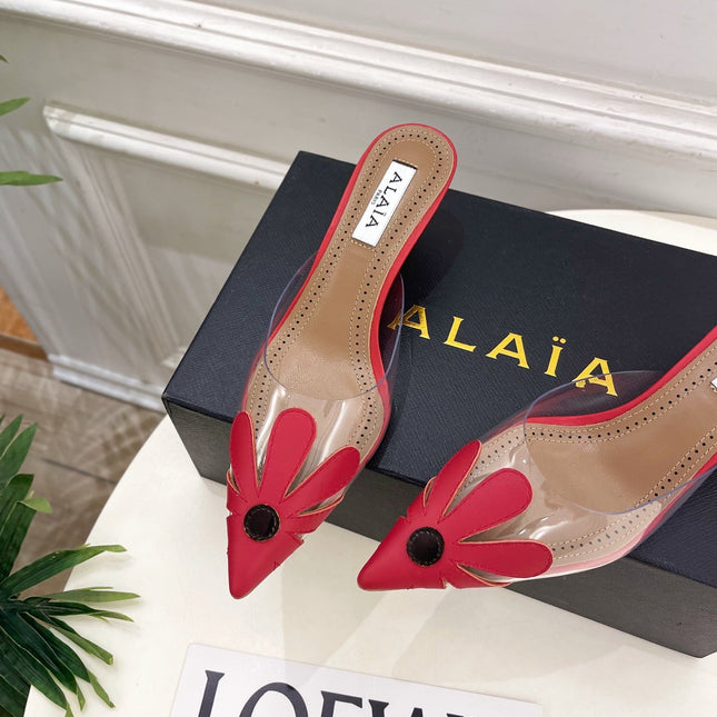 ALAIA 26S MULE HEELS 55 MM IN DARK RED LAMBSKIN AND TRANSPARENT PVC