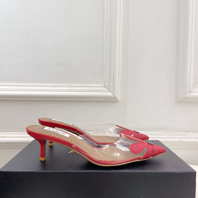 ALAIA 26S MULE HEELS 55 MM IN DARK RED LAMBSKIN AND TRANSPARENT PVC