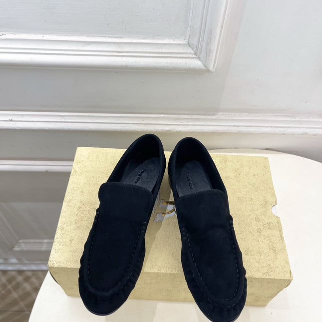 THE ROW 26S MOCCASIN LOAFERS 20MM IN BLACK SUEDE