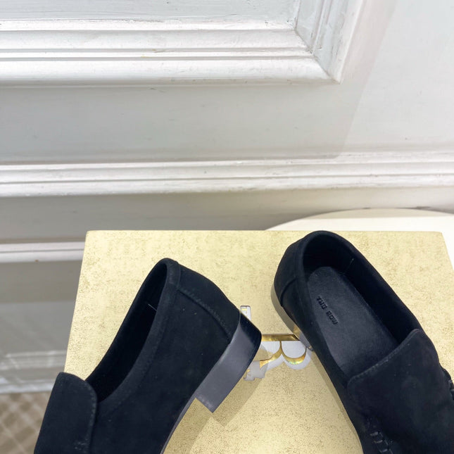 THE ROW 26S MOCCASIN LOAFERS 20MM IN BLACK SUEDE
