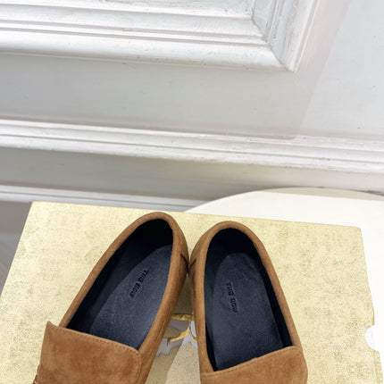 THE ROW 26S MOCCASIN LOAFERS 20MM IN COGNAC BROWN SUEDE