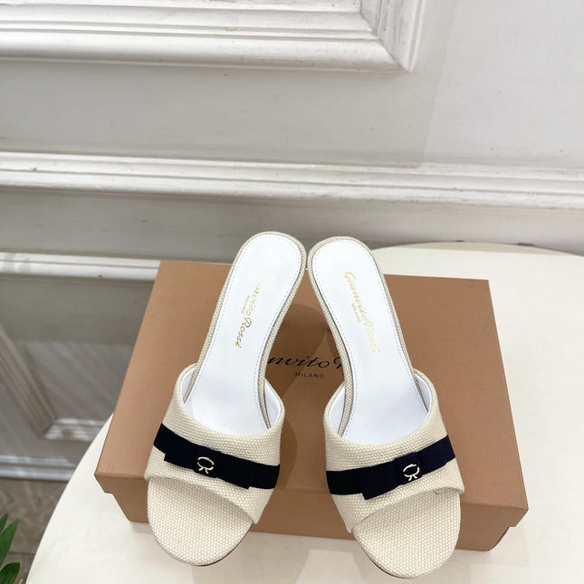GIANVITO ROSSI 26S HIGH-HEEL SANDALS 80 MM IN CREAM WHITE WOVEN FABRIC