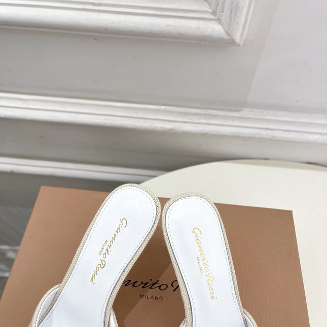 GIANVITO ROSSI 26S HIGH-HEEL SANDALS 80 MM IN CREAM WHITE WOVEN FABRIC