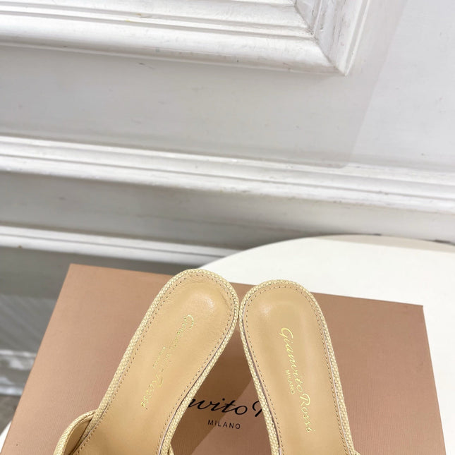 GIANVITO ROSSI 26S HIGH-HEEL SANDALS 80 MM IN BEIGE WOVEN FABRIC