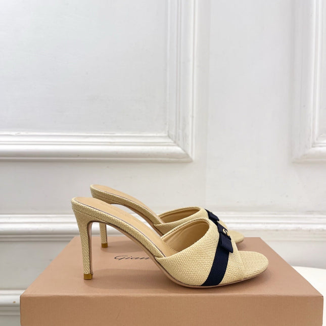 GIANVITO ROSSI 26S HIGH-HEEL SANDALS 80 MM IN BEIGE WOVEN FABRIC