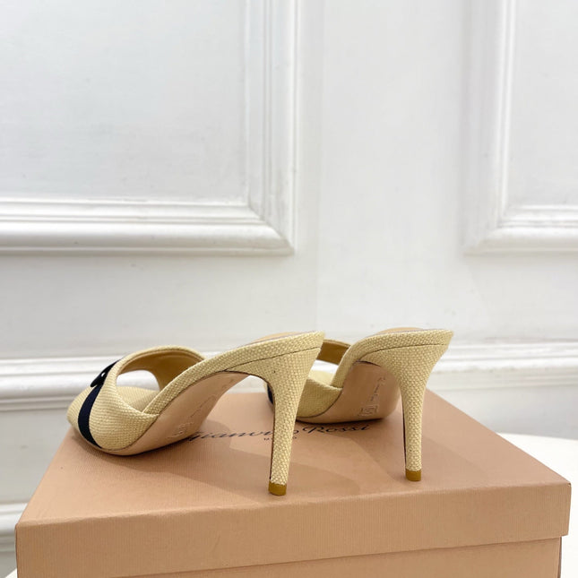 GIANVITO ROSSI 26S HIGH-HEEL SANDALS 80 MM IN BEIGE WOVEN FABRIC