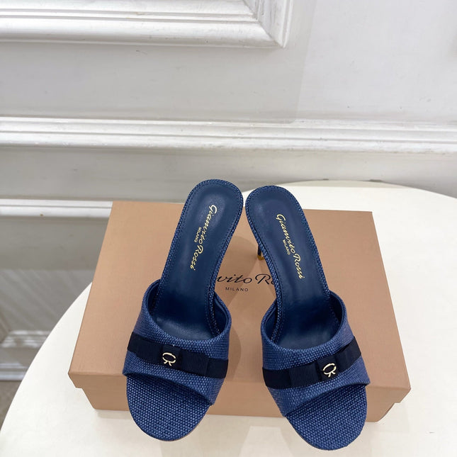GIANVITO ROSSI 26S HIGH-HEEL SANDALS 80 MM IN NAVY BLUE WOVEN FABRIC