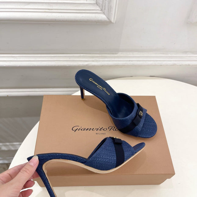 GIANVITO ROSSI 26S HIGH-HEEL SANDALS 80 MM IN NAVY BLUE WOVEN FABRIC