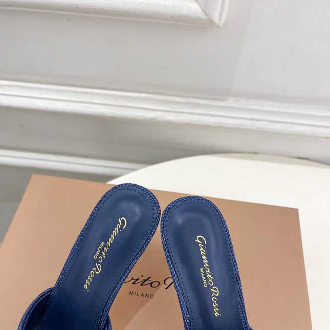 GIANVITO ROSSI 26S HIGH-HEEL SANDALS 80 MM IN NAVY BLUE WOVEN FABRIC