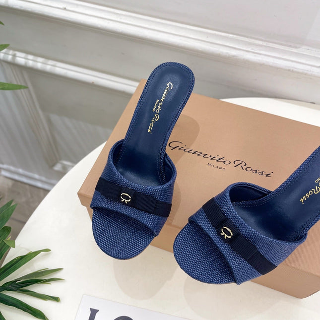 GIANVITO ROSSI 26S HIGH-HEEL SANDALS 80 MM IN NAVY BLUE WOVEN FABRIC