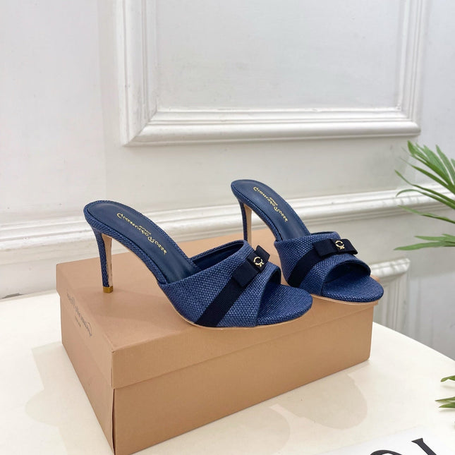 GIANVITO ROSSI 26S HIGH-HEEL SANDALS 80 MM IN NAVY BLUE WOVEN FABRIC