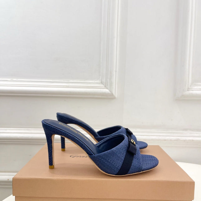 GIANVITO ROSSI 26S HIGH-HEEL SANDALS 80 MM IN NAVY BLUE WOVEN FABRIC