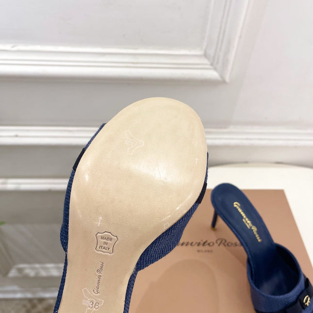 GIANVITO ROSSI 26S HIGH-HEEL SANDALS 80 MM IN NAVY BLUE WOVEN FABRIC