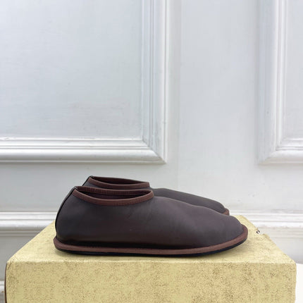 THE ROW 26S SLIP-ON FLATS IN DARK BROWN NAPPA CALFSKIN