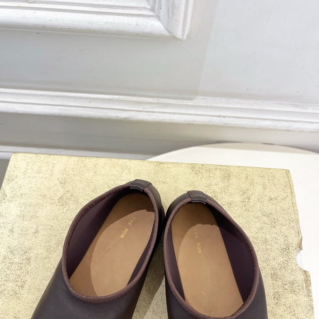 THE ROW 26S SLIP-ON FLATS IN DARK BROWN NAPPA CALFSKIN