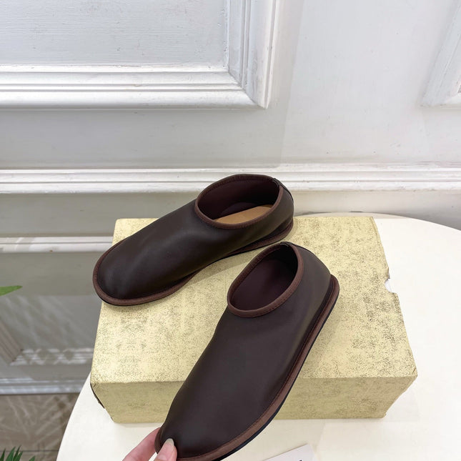 THE ROW 26S SLIP-ON FLATS IN DARK BROWN NAPPA CALFSKIN