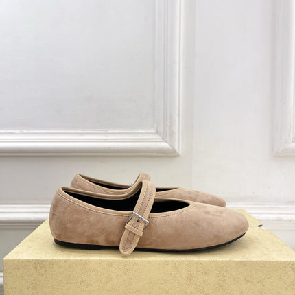 THE ROW 26S ROUND TOE MARY JANE FLATS IN LIGHT BROWN SUEDE