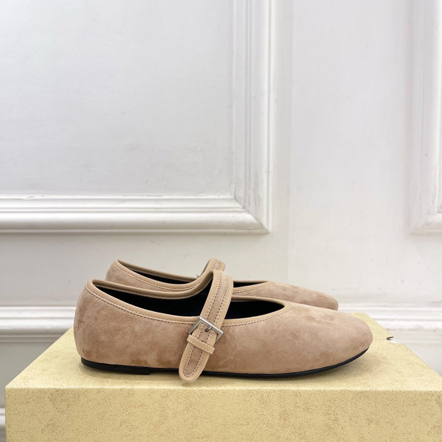THE ROW 26S ROUND TOE MARY JANE FLATS IN LIGHT BROWN SUEDE
