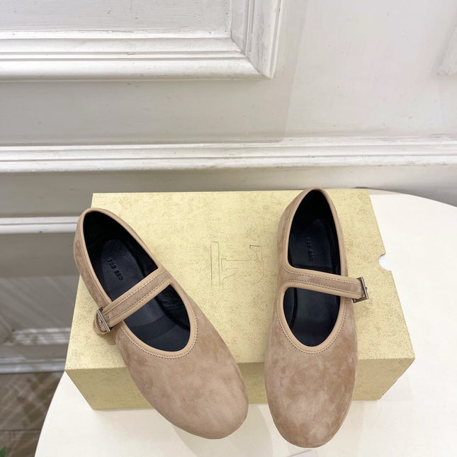 THE ROW 26S ROUND TOE MARY JANE FLATS IN LIGHT BROWN SUEDE