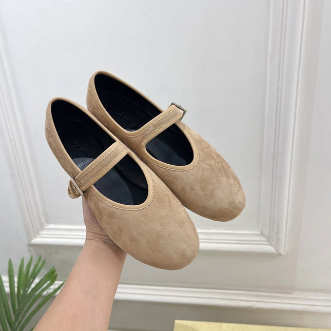 THE ROW 26S ROUND TOE MARY JANE FLATS IN LIGHT BROWN SUEDE