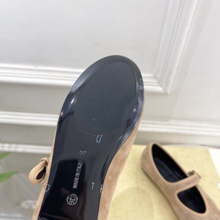 THE ROW 26S ROUND TOE MARY JANE FLATS IN LIGHT BROWN SUEDE