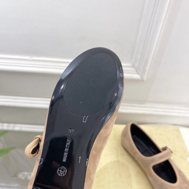 THE ROW 26S ROUND TOE MARY JANE FLATS IN LIGHT BROWN SUEDE