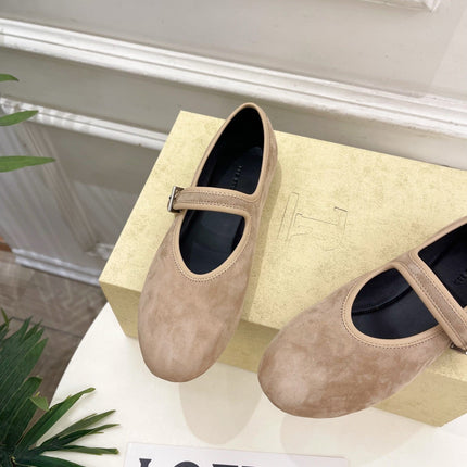 THE ROW 26S ROUND TOE MARY JANE FLATS IN LIGHT BROWN SUEDE